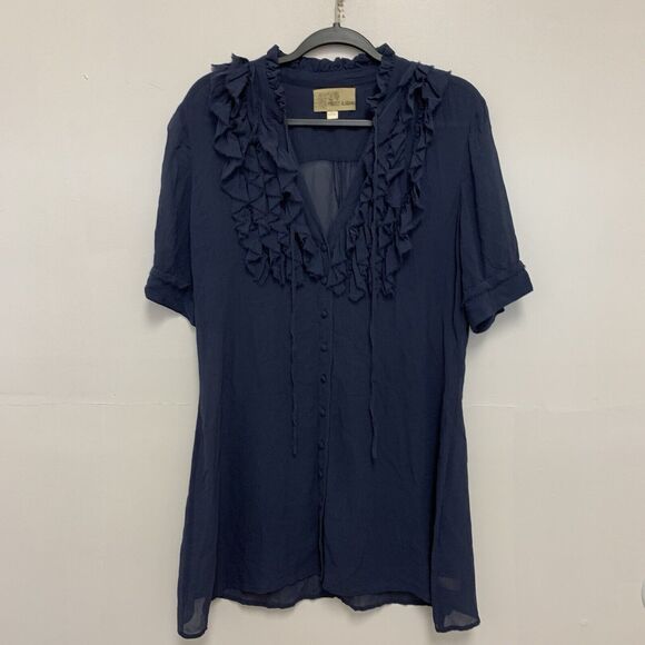 Project Alabama Ruffle 100% Silk V Neck Blouse Shirt Blue Size 10 - Picture 1 of 6